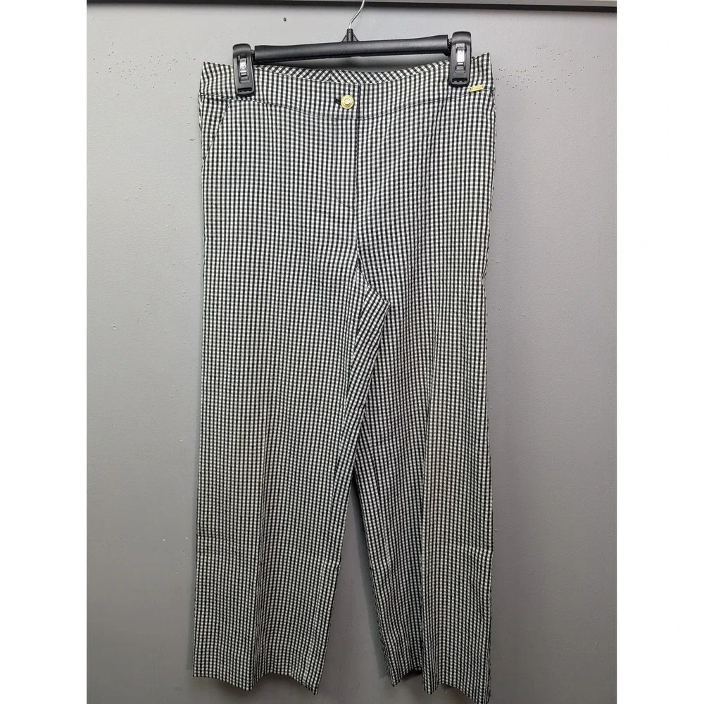 St. John Pants Women 4 Black White Gingham Straight Leg Gold Logo Trousers